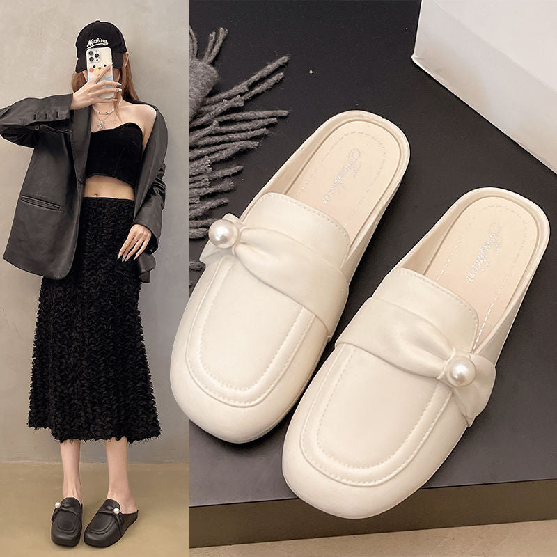 2025 summer new pearl-embellished mule slippers for women, round toe slip-ons, wholesale casual shoes