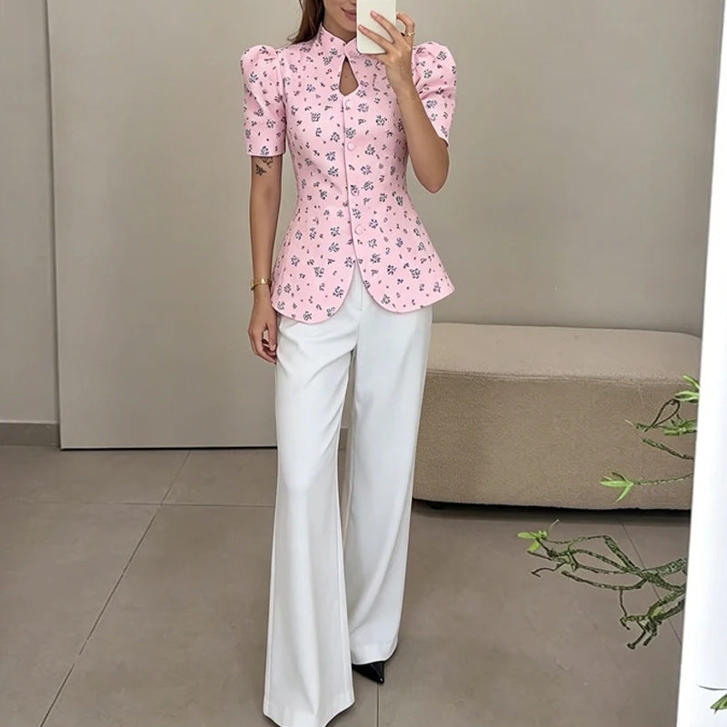 summer new women's clothing - cross-border  fashion, european & american style, versatile printed single-breasted stand collar blouse