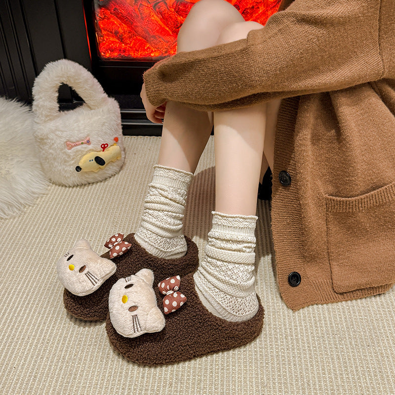 Kt cat casual women's lambswool slippers - autumn/winter cute cartoon warm non-slip home thick-soled closed-toe cotton slippers