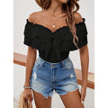 Women's black off-the-shoulder ruffle trim tie-waist bow detail short sleeve top - perfect for summer casual and vacation looks