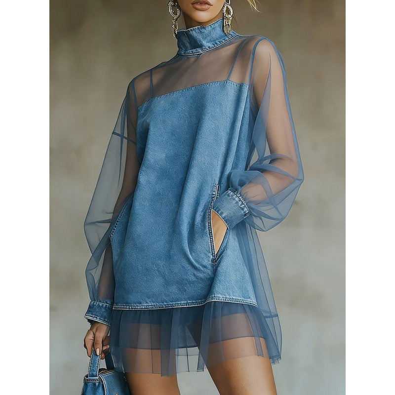 Amazon european style urban minimalist lantern sleeve patchwork faux collar denim mini dress - women's summer slimming dress
