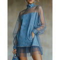 Amazon european style urban minimalist lantern sleeve patchwork faux collar denim mini dress - women's summer slimming dress