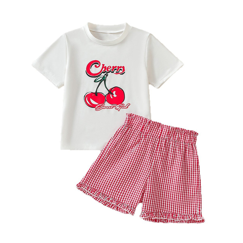 Girls' summer outfit: cherry print round neck lace-trimmed shorts set - sweet & cute casual two-piece for export