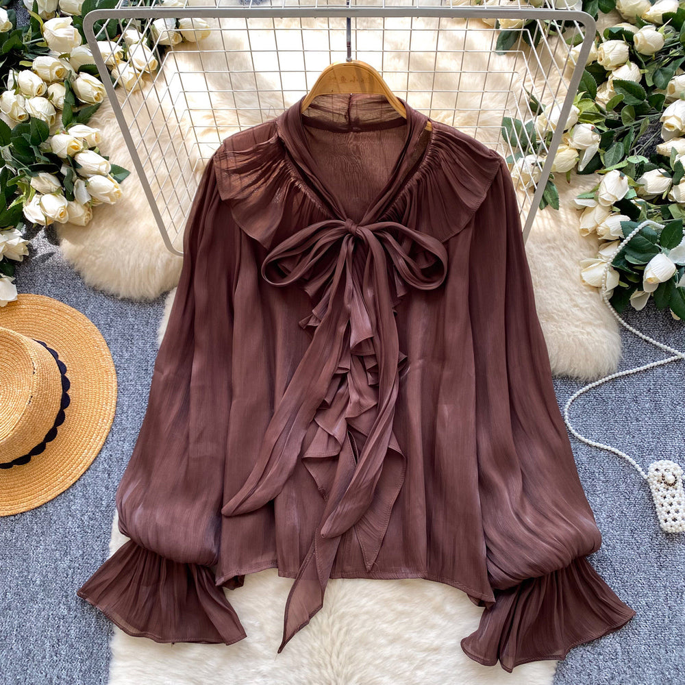 Korean style commute chic pink bow tie blouse - women's summer long sleeve ruffle trim loose fit solid color top