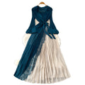 Elegant and chic commuter style tie-waist v-neck pleated midi dress - korean style long sleeve slim fit designer maxi dress