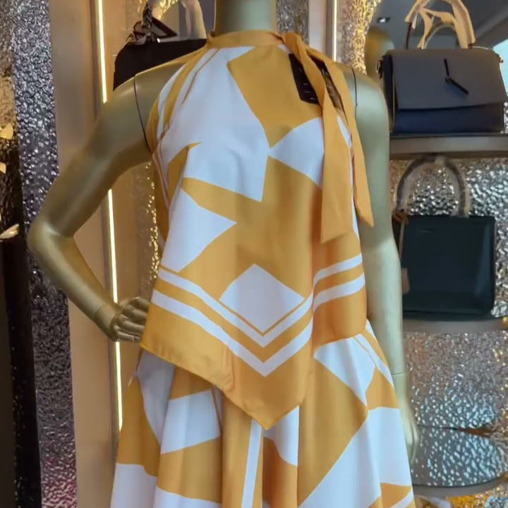 European and american cross-border women's fashion  summer new arrival: elegant halter neck irregular print sleeveless top and midi skirt set