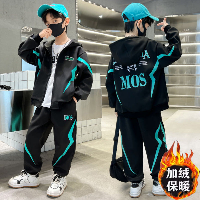 Fall and winternew arrivalkidsoutwearfleece-linedheattech hooded sweatshirt sweatpants suit small and medium-sized boys casual sports suit