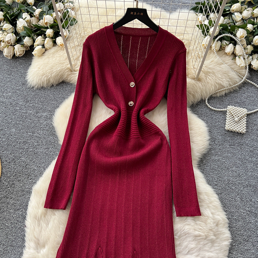 Celebrity niche styleclassy sense v neck two capsules button long sleeves waist knittingdress female autum inner wear sweater long skirt