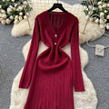 Celebrity niche styleclassy sense v neck two capsules button long sleeves waist knittingdress female autum inner wear sweater long skirt