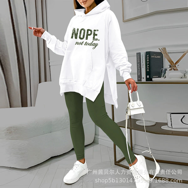 LZS7367C  European and American hooded pocket split sweater top + pants set (2-piece set)