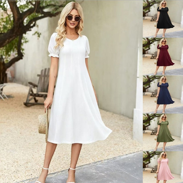 spring/summer cross-border fashion: european & american  style - flowy, casual, bubble short sleeve flared hem dress