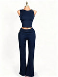 new women's two-piece set: european and american style cropped sleeveless top and bodycon high-waisted pants set
