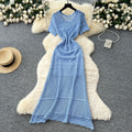 Gentle wind elegant round neck short-sleeved cut out crochet knittingdress women's summerfrench waist-reducing age-reducing sweater skirt