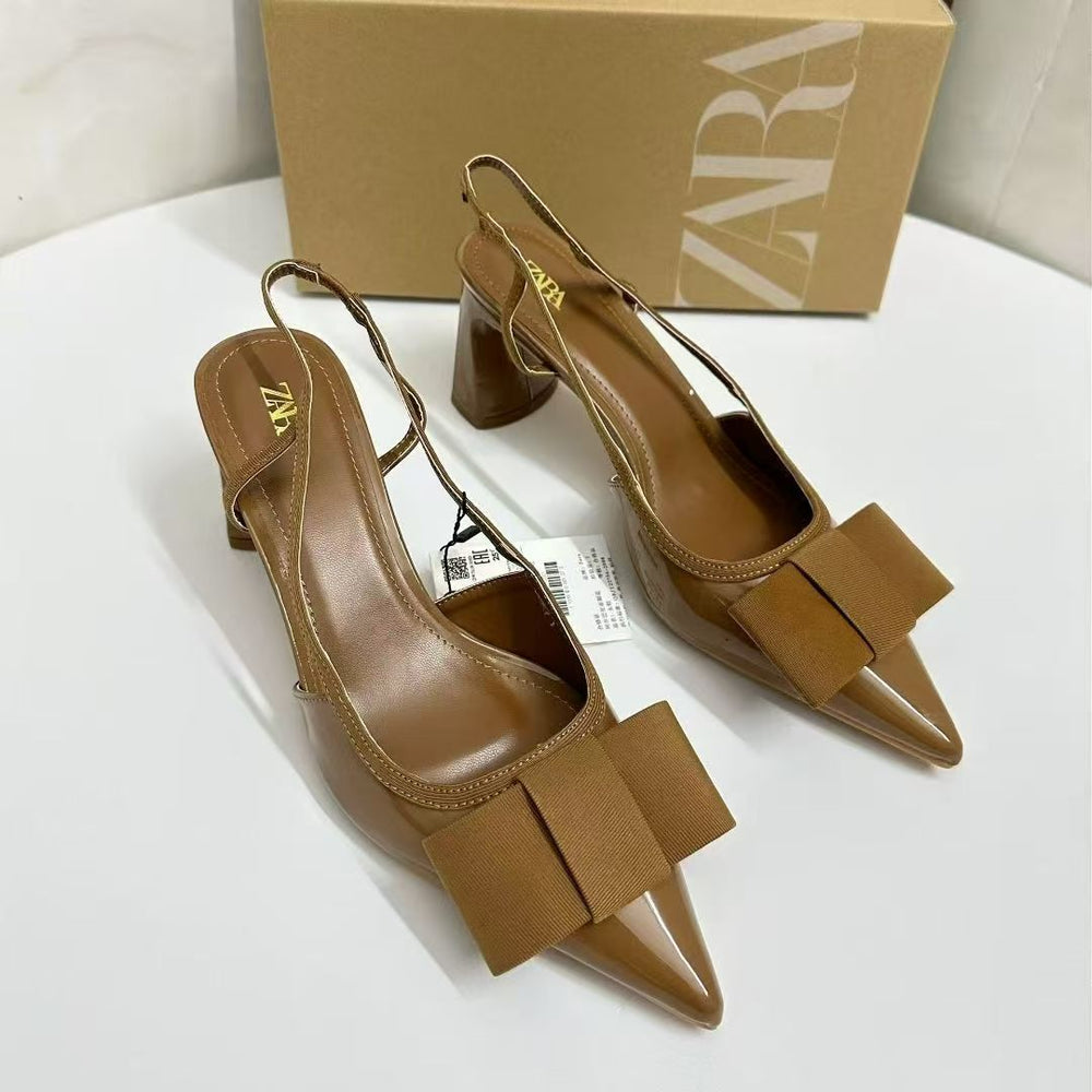 Za2025 autumn new collection: chunky heel peep-toe sandals with back strap, pointed toe, silk satin bow detail - fashionable women's footwear