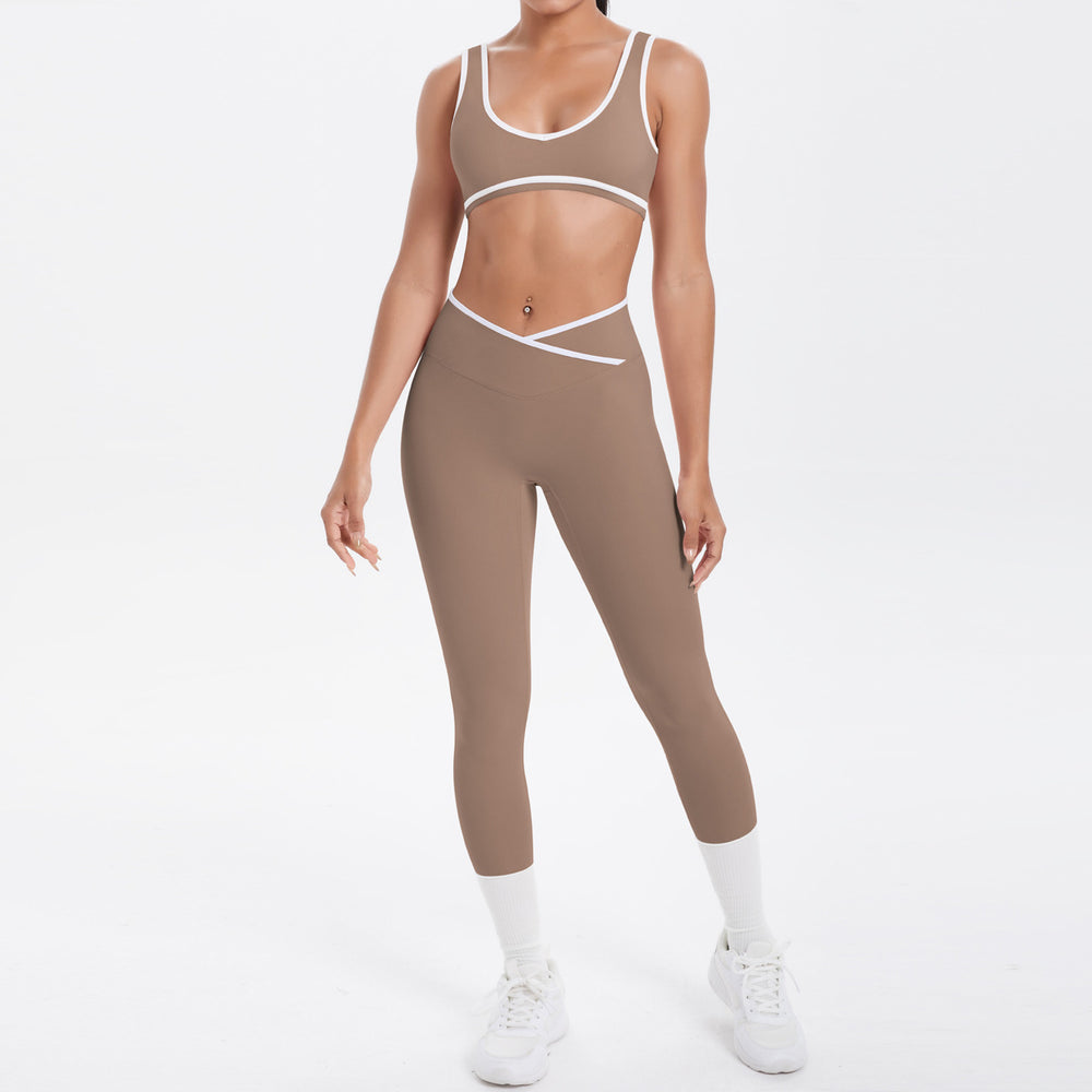 New arrival cross-border brushed contrast color tight breathable cross wide-leg yoga suit sports running fitness two-piece set