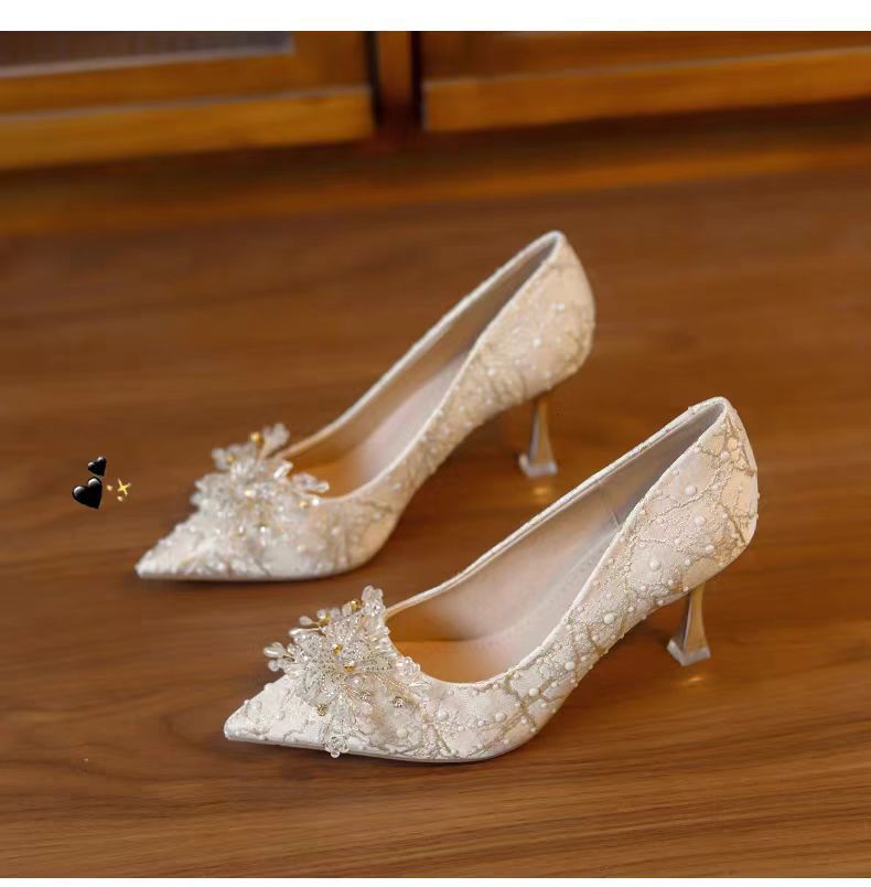 French-style pointed-toe pumps for women, 2026 rhinestone floral engagement, bridal, and bridesmaid shoes, stiletto high heels