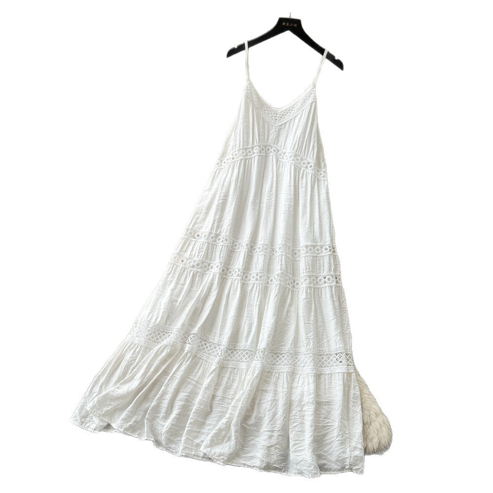 French riviera style white cutout embroidered cami dress - women's summer korean style slimming backless flowy maxi dress