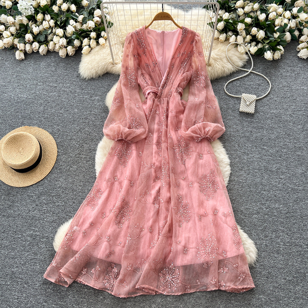 French chic sequin embroidered v-neck lantern sleeve bodycon dress - women's slimming maxi dress for autumn