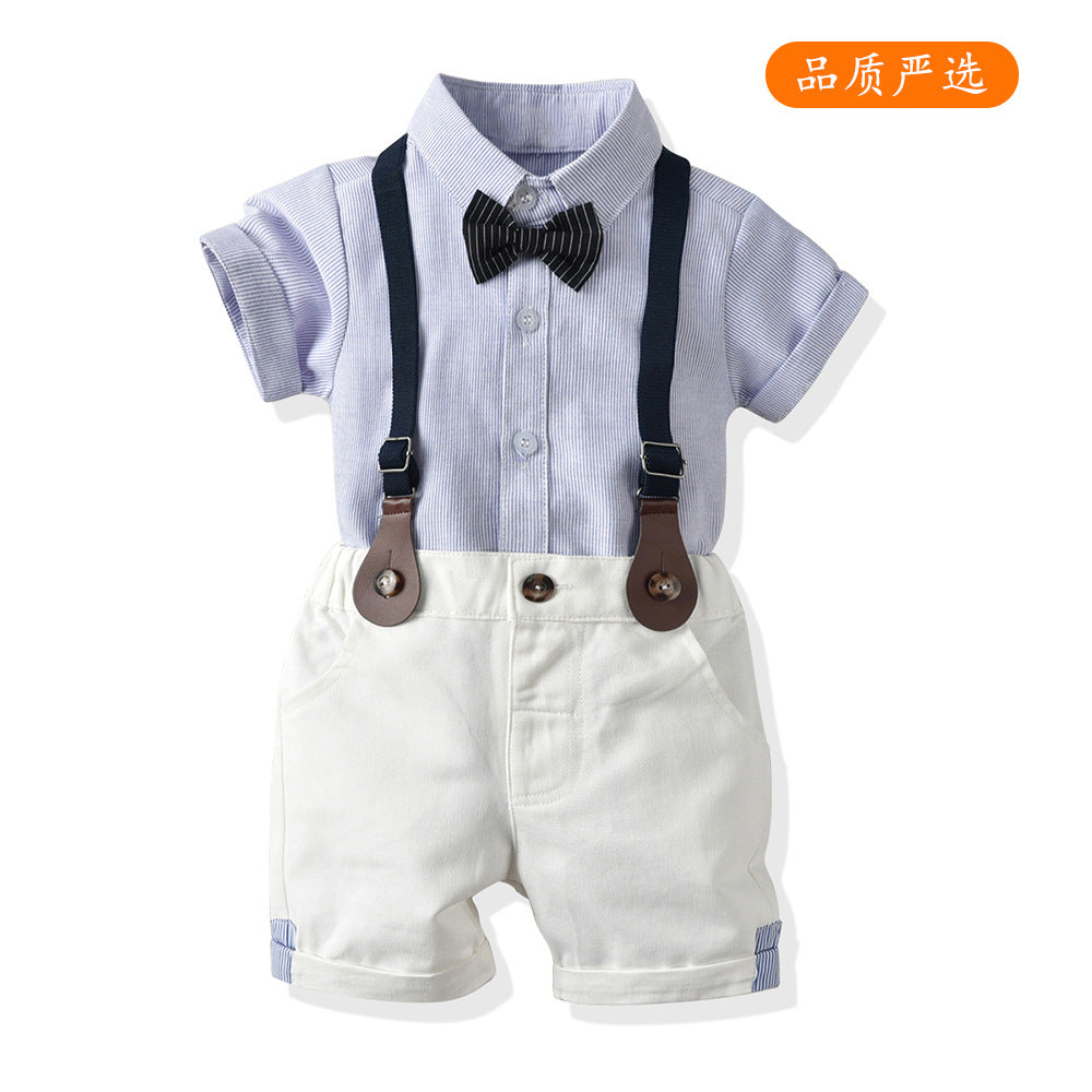 Boys' summer outfit: new striped short-sleeve shirt and suspender set with bow tie - gentleman style
