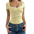 Export cross-border lacepatchwork square neck short-sleeved t-shirt for women yellowsweet silm bottom shirt yellowshorttops