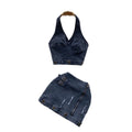 Dopamine cool spicy denim suit women's summer retrosense of design halter camisole + high waist hip cover skirt