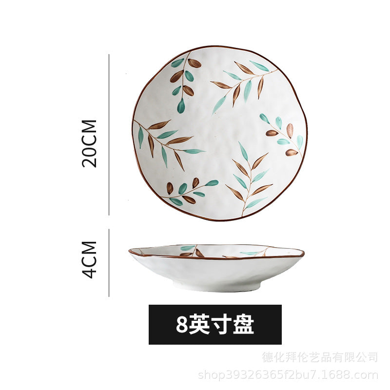 Nordic hand-painted leaf ceramic dinnerware set - includes plates, bowls, and dishes with handles for home use: dinner plates, vegetable plates, fish plates, noodle bowls, and snack dishes