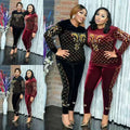 Amazon cross-border fashion casual set: beaded and rhinestone embellished african velvet long-sleeve t-shirt and slim-fit pants