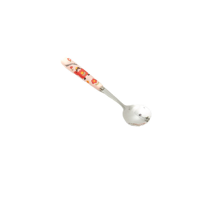 Cartoon girl ceramic handle high-temperature resistant anti-scald fork and spoon set, premium stainless steel cutlery, steak knife and fork