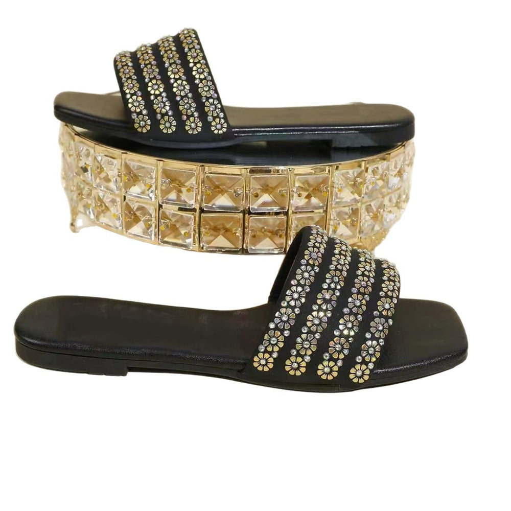 2025 summer new rhinestone flat sandals women's outdoor square toe open toe flip-flops plus size casual slippers wholesale