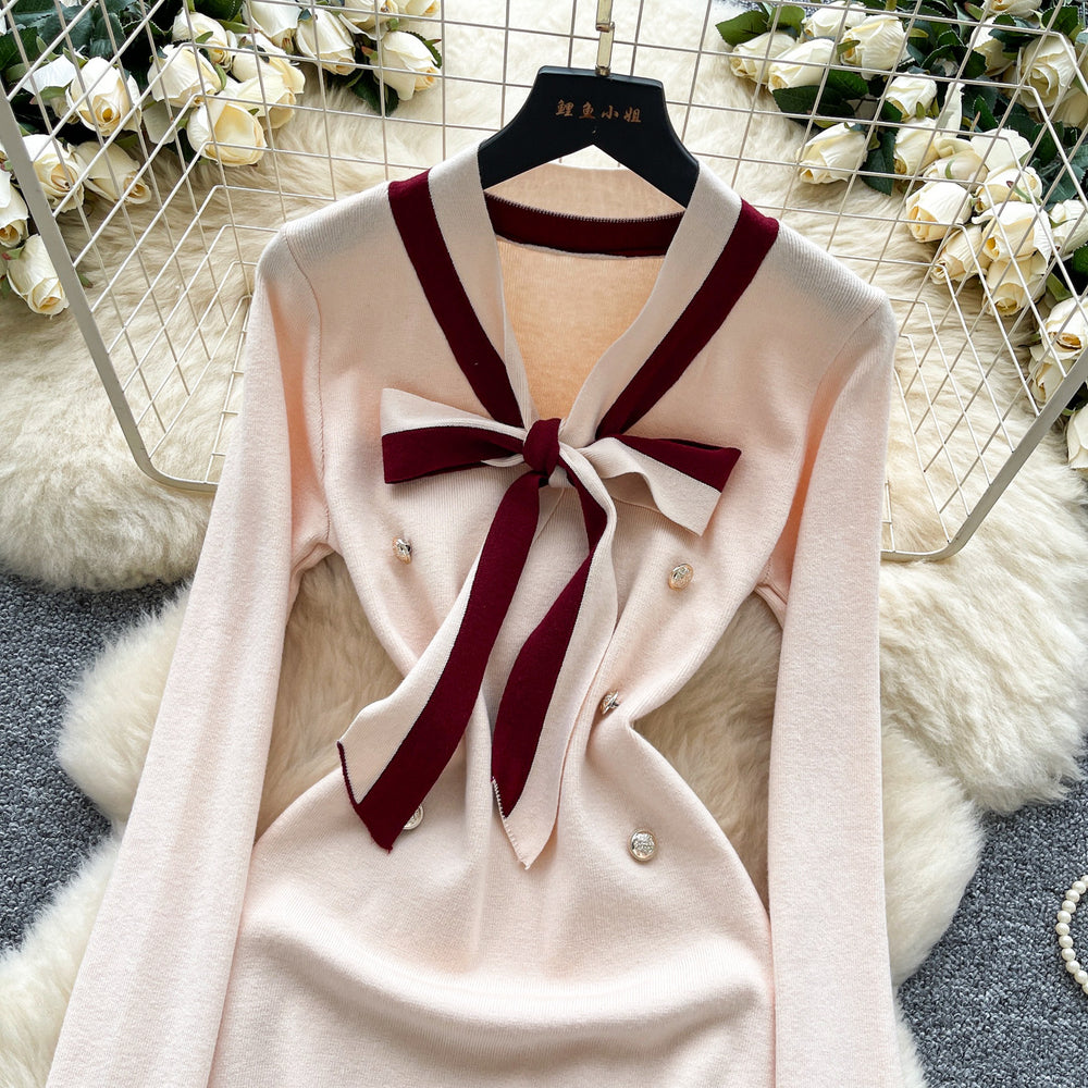 Xiaoxiangfengclassy contrast colorbows strappy long sleevesdress women's metal buckle waist slimming lookknitting short skirt