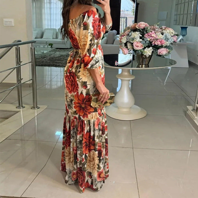 cross-border e-commerce women's fashion: european and american summer new arrivals - stylish and elegant printed v-neck maxi swing dress
