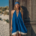 Summer new european and american cross-border hot seller: royal blue and white halter neck deep v cotton linen dress - loose fit, figure-flattering beach dress