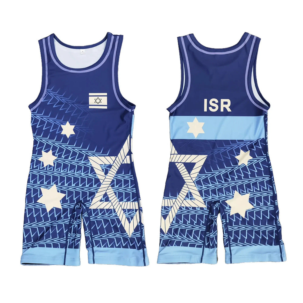 Sublimation full body print men's one-piece wrestling suit custom match weightlifting suit men's and women's free wrestling one-piece vest