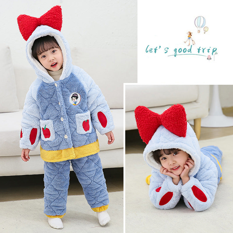 Girls' winter pajamas: three-layer fleece-lined, extra thick coral fleece, cute toddler and little girl's pajama set, loungewear