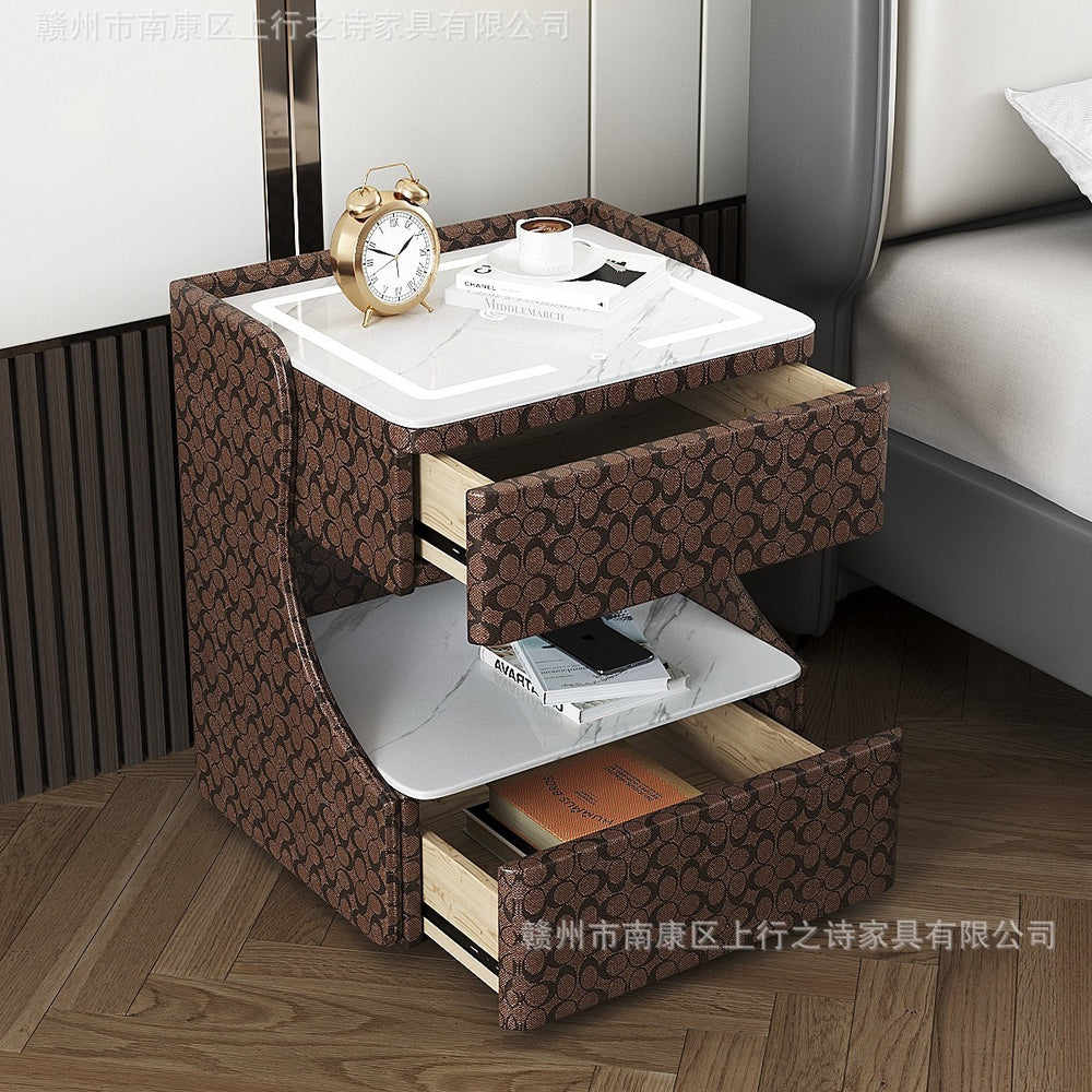 Italian smart bedside table minimalist modern leather bedroom wireless charging popular minimalist storage cabinet high-end rock slab