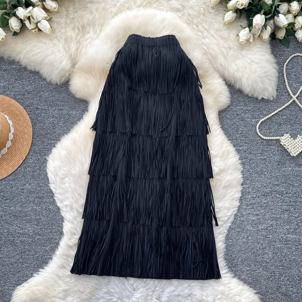 Retrocasual style tassel skirt women's high waist a-line skirt women's work clothingslimming look cake skirt niche style design classy sense