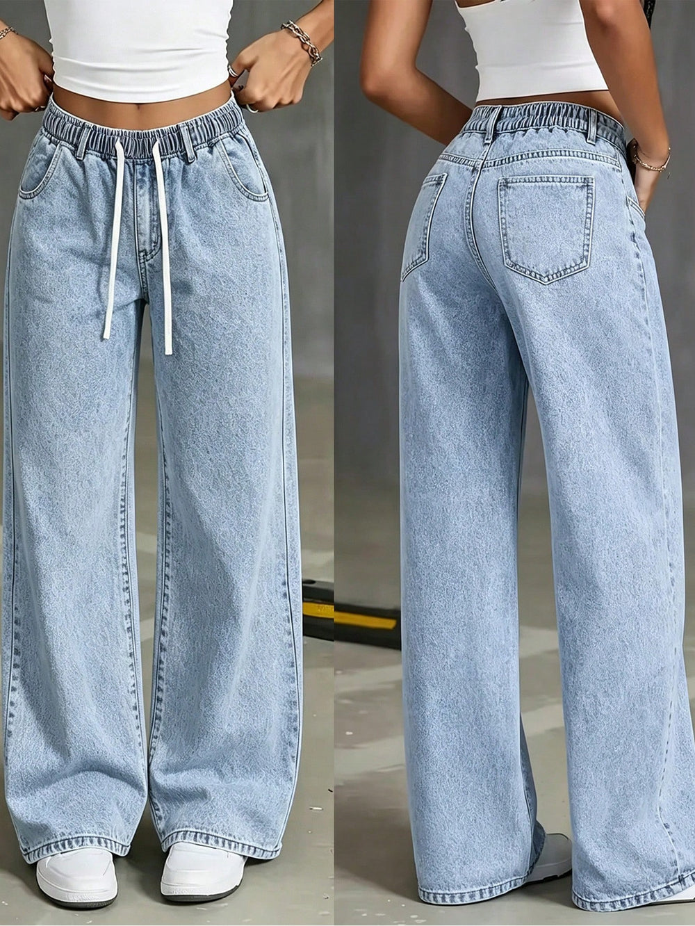 Fashionjeans women's washed drawstring elastic waist loose pantscasualloosedrapedmopstraight-leg pants