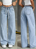 Fashionjeans women's washed drawstring elastic waist loose pantscasualloosedrapedmopstraight-leg pants