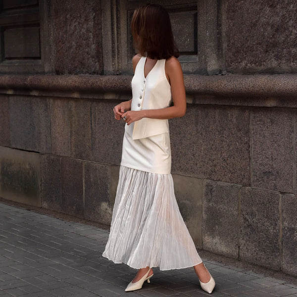 European and American women's clothing temperament elegant sleeveless V-neck vest top set women's   pleated skirt set