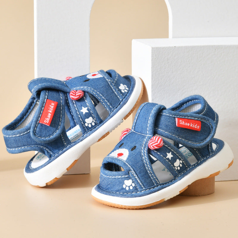 Baby cloth sandals for boys, summer, ages 0-1-2-3 years, infant anti-slip soft sole squeaky shoes, girls' first walker shoes, baby shoes
