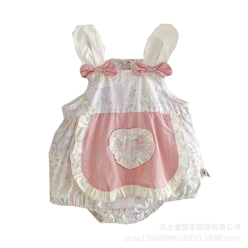 Summer lightweight baby romper - cute bunny sleeveless triangle bodysuit for baby girls - korean style summer outfit for outdoor wear - trendy
