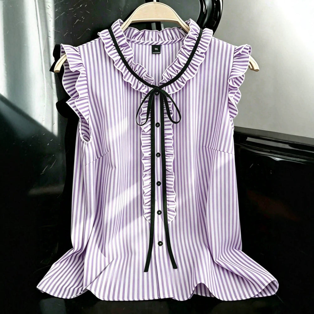 Export gentle wind stripesplus size shirt lotus leaf flying sleeves v neck black ribbon bowsslimming look sleeveless tops