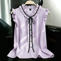 Export gentle wind stripesplus size shirt lotus leaf flying sleeves v neck black ribbon bowsslimming look sleeveless tops