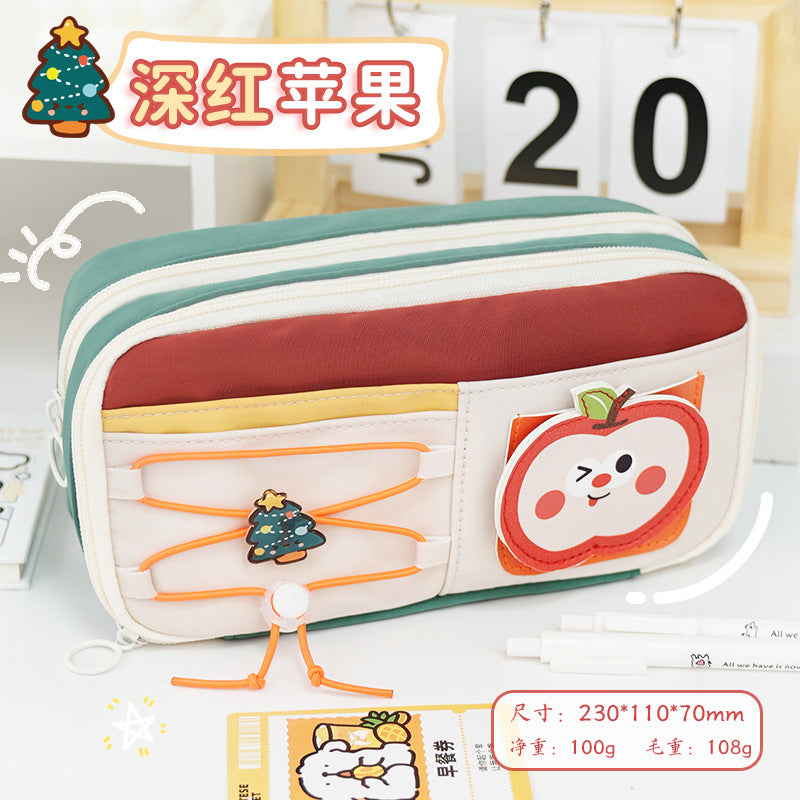 School season pencil bag large capacity cute cute apple pencil bag primary school students multi-layer stationery bag drawstring high value