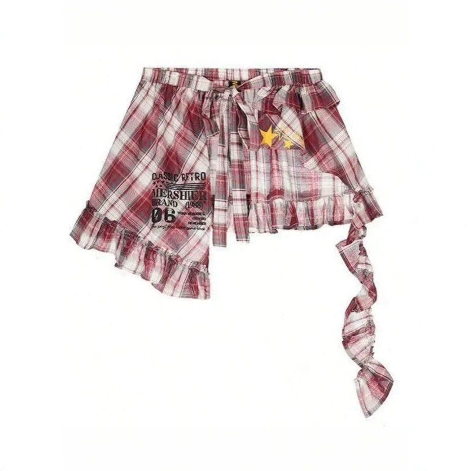 European and american foreign trade  plaid irregular skirt with tie back bow tie butt curtain for women