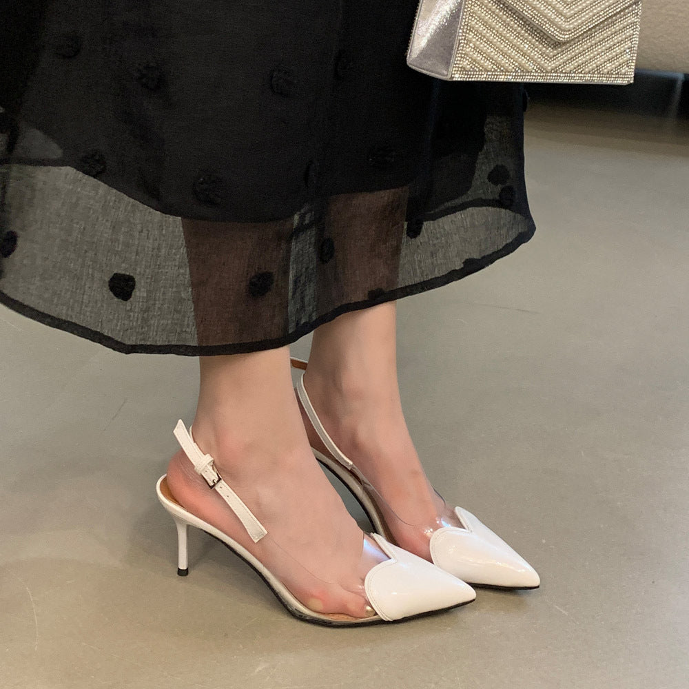 Pointed-toe stiletto sandals for women, 2026 heart-patterned patent leather, transparent open-back, single-strap buckle high heels, wholesale summer quick return