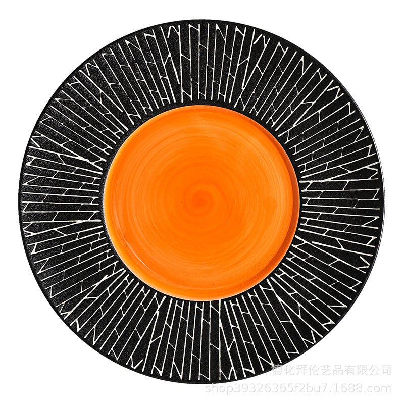 European-style black striped dinner plate ceramic tableware, hotel restaurant steak plate, creative large soup plate pasta plate