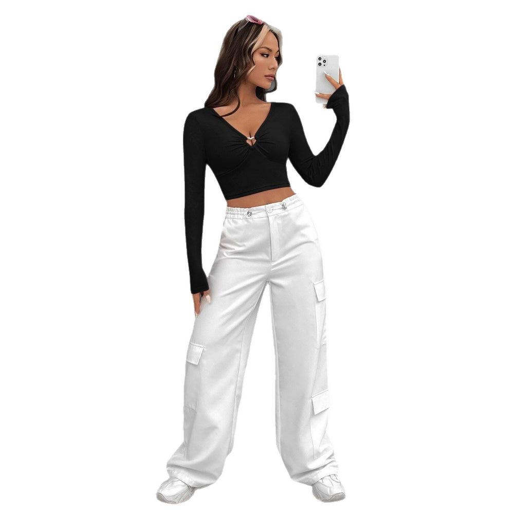 women's new black v-neck cut outlong sleeves t-shirt waist slimming look waist sexy hot girl style tops