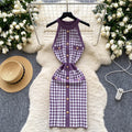 Sexy socialite accessible luxuryhalter sleeveless metal buckle silmknittingdress female french waist chidori grids skirt