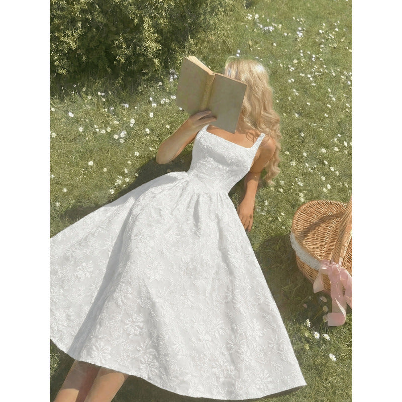 Women's new summer romantic elegant solid color jacquard square neck sleeveless maxi dress with cinched waist